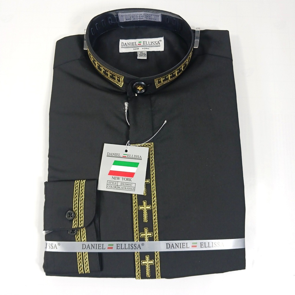 Daniel Ellissa Men Banded Collar Dress Shirt Black Gold Cross DS2005C 15.5 34-35